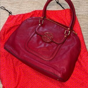 Tory Burch Crimson Leather Dome Satchel with Gold Logo